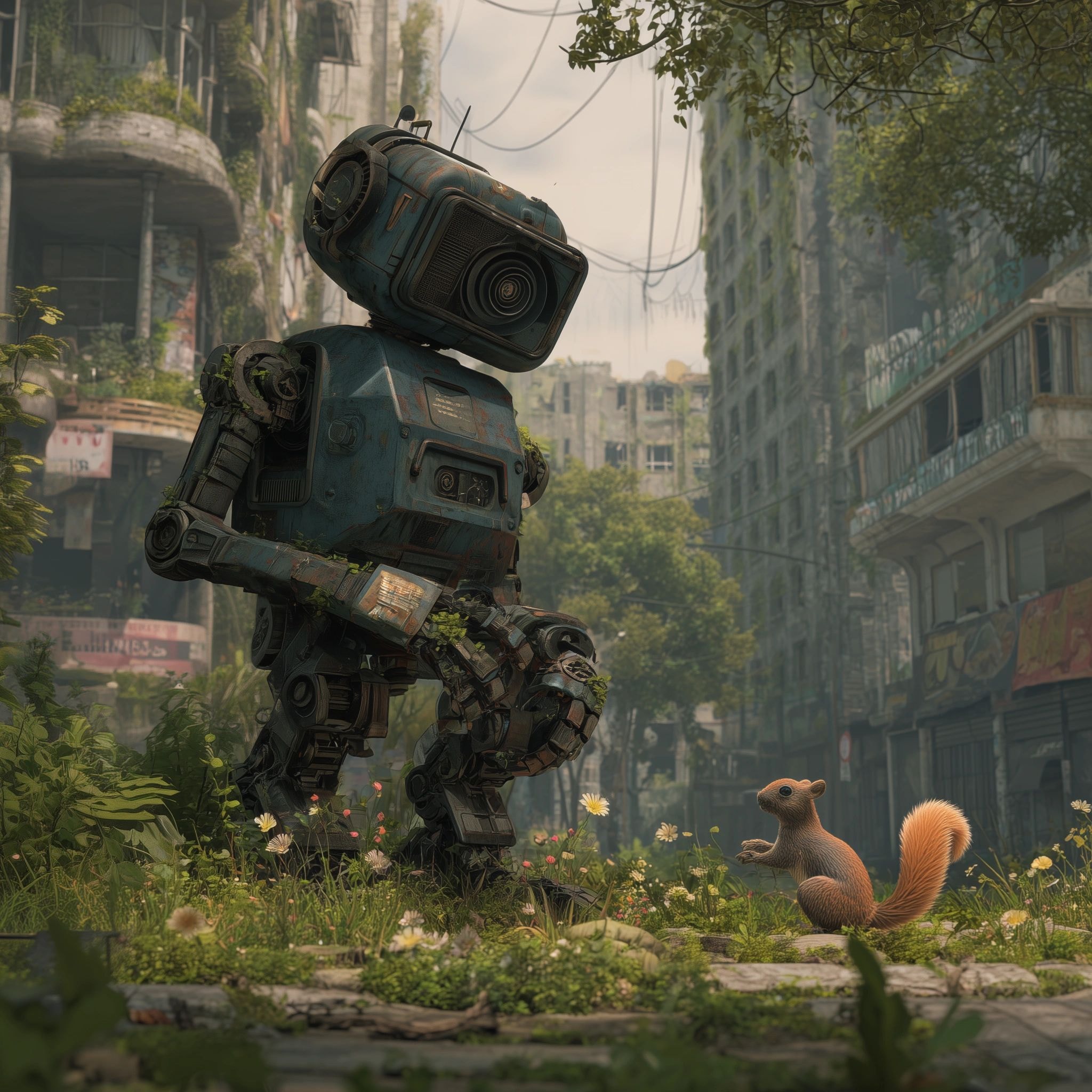 Robot and squirrel in abandoned city ruins — Blue Jacket Tattoo puzzle art