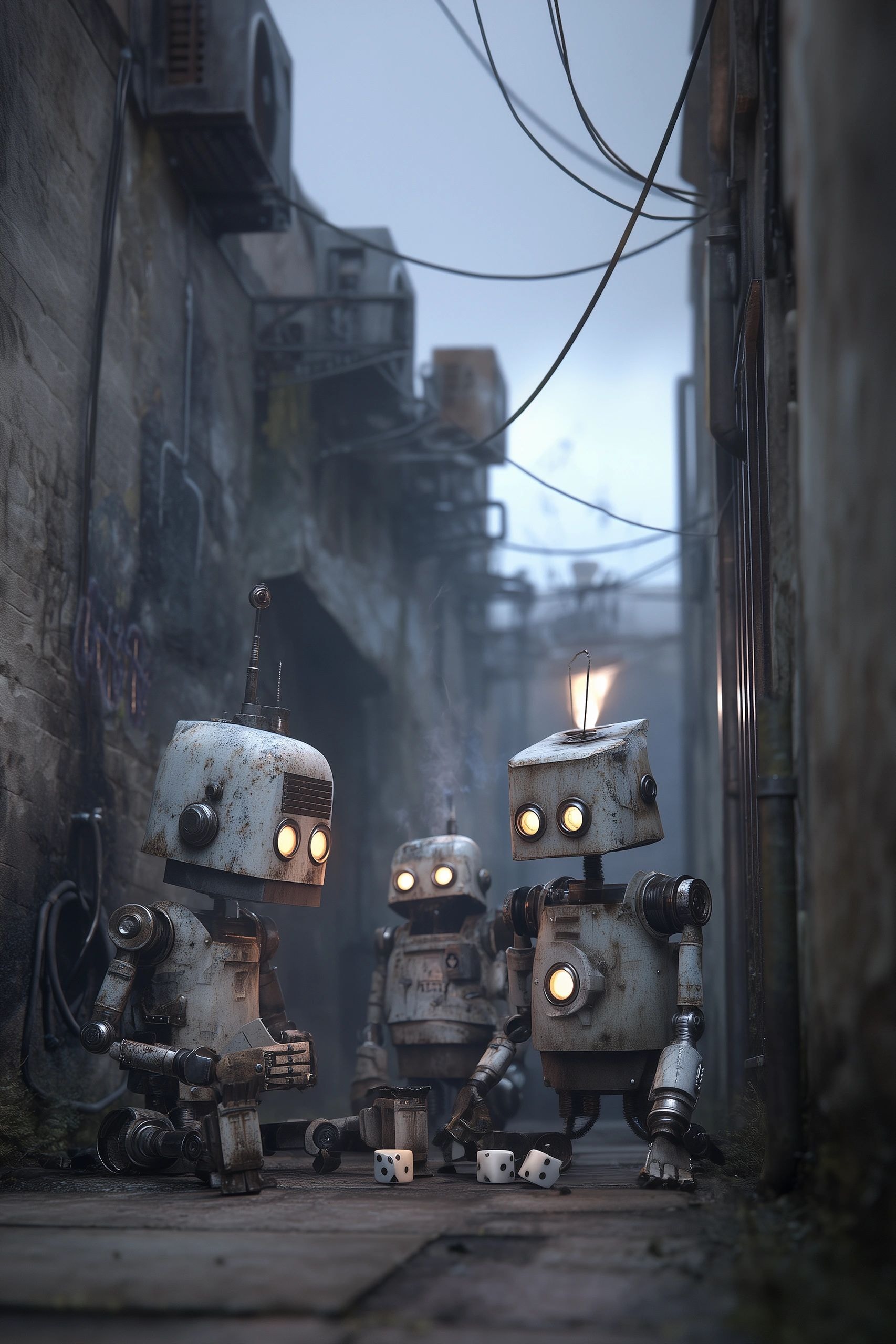 3 robots playing dice in an alley — Blue Jacket Tattoo puzzle art
