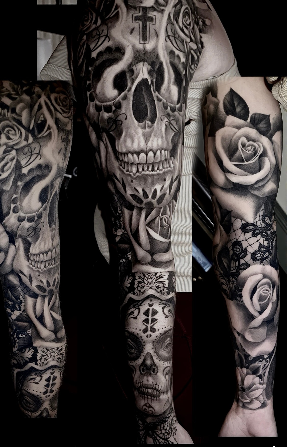 Full sleeve skull rose cross tattoos by Steve Young