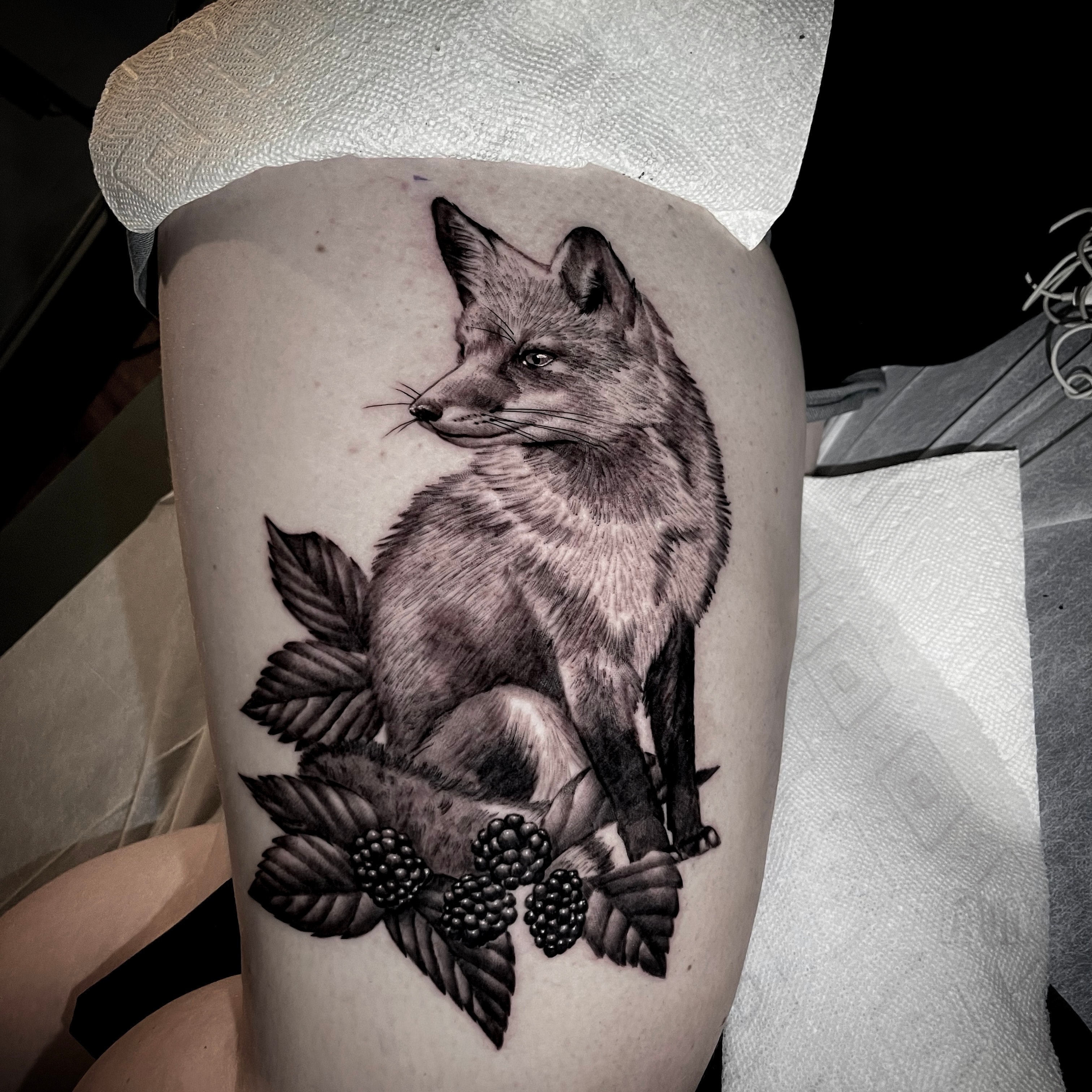 Fox with blackberry branch tattoo by Steve Young