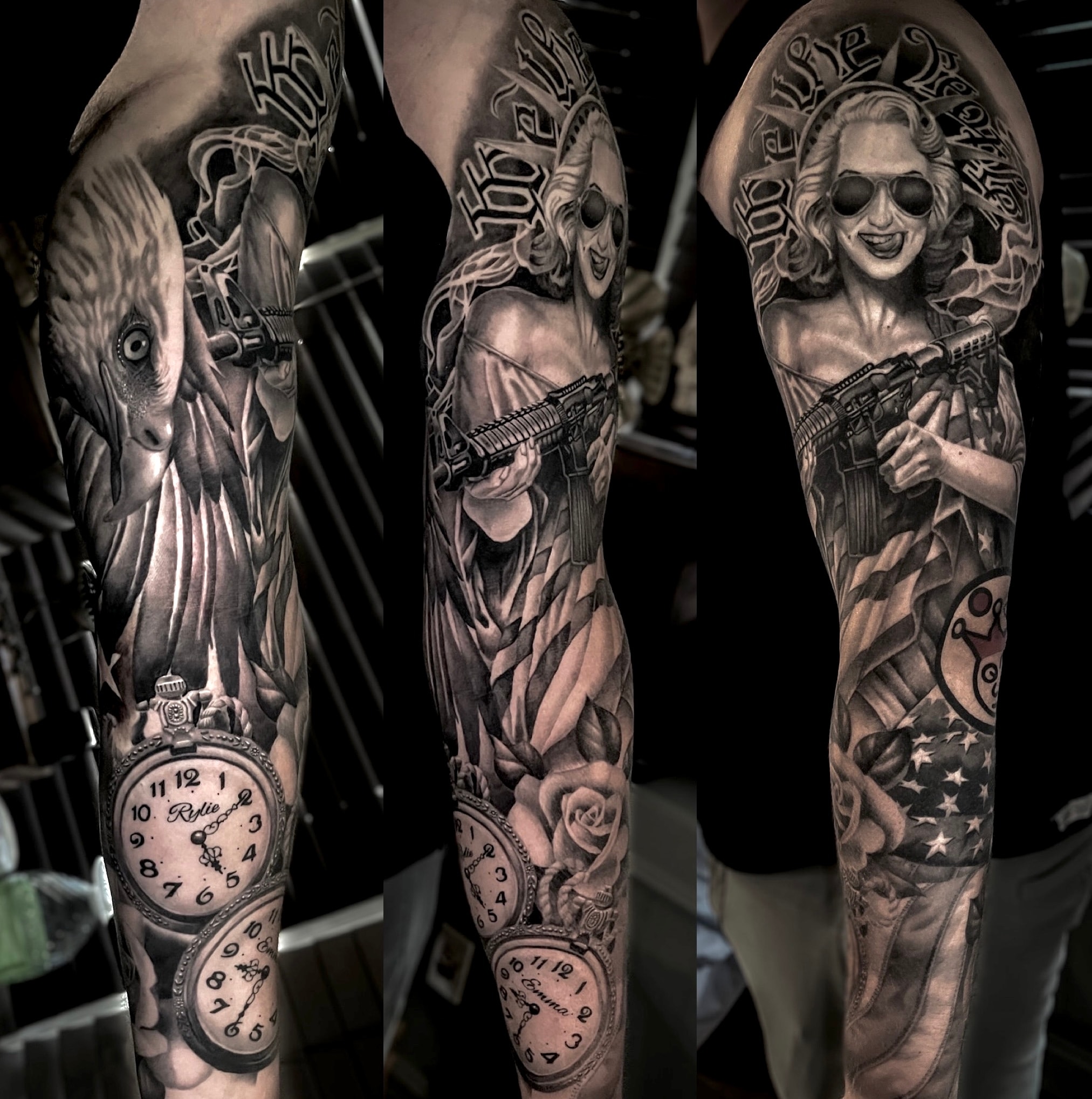 Elaborate black and white sleeve tattoo by Steve Young