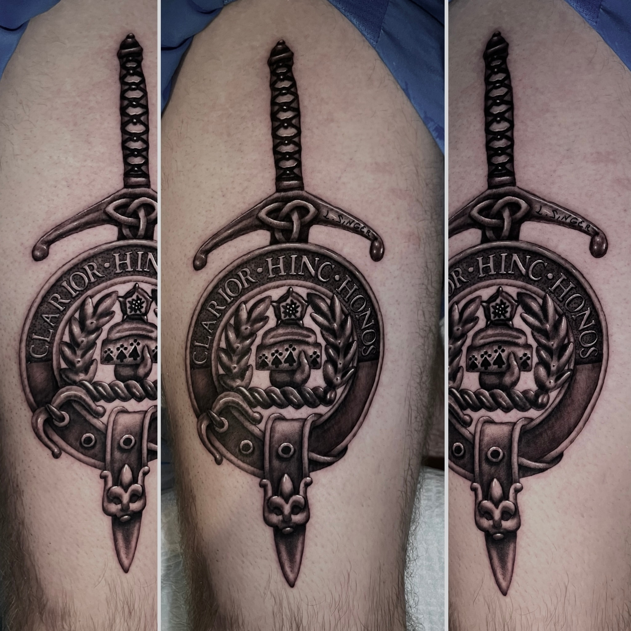 Medieval sword crest thigh tattoo by Steve Young