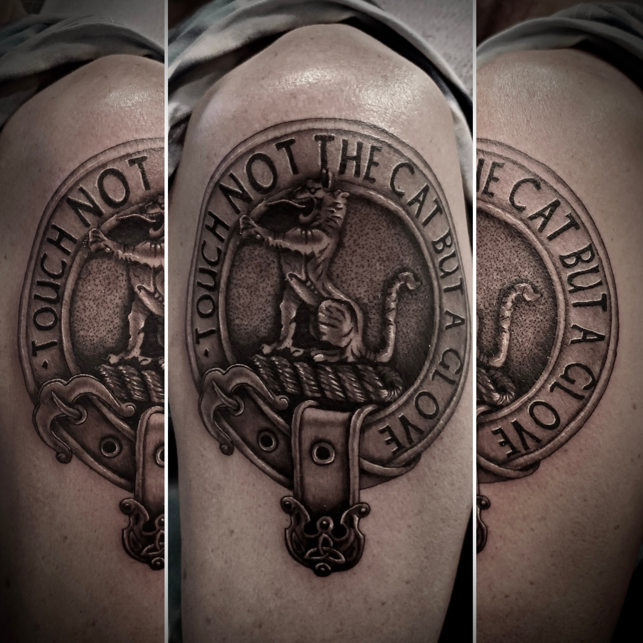 Heraldic crest with lion emblem tattoo by Steve Young