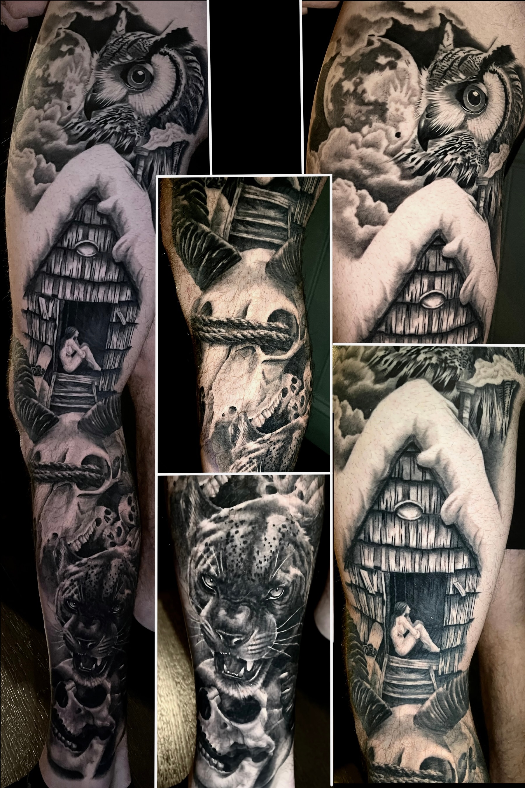 Black and white sleeve tattoo owl tower tiger by Steve Young