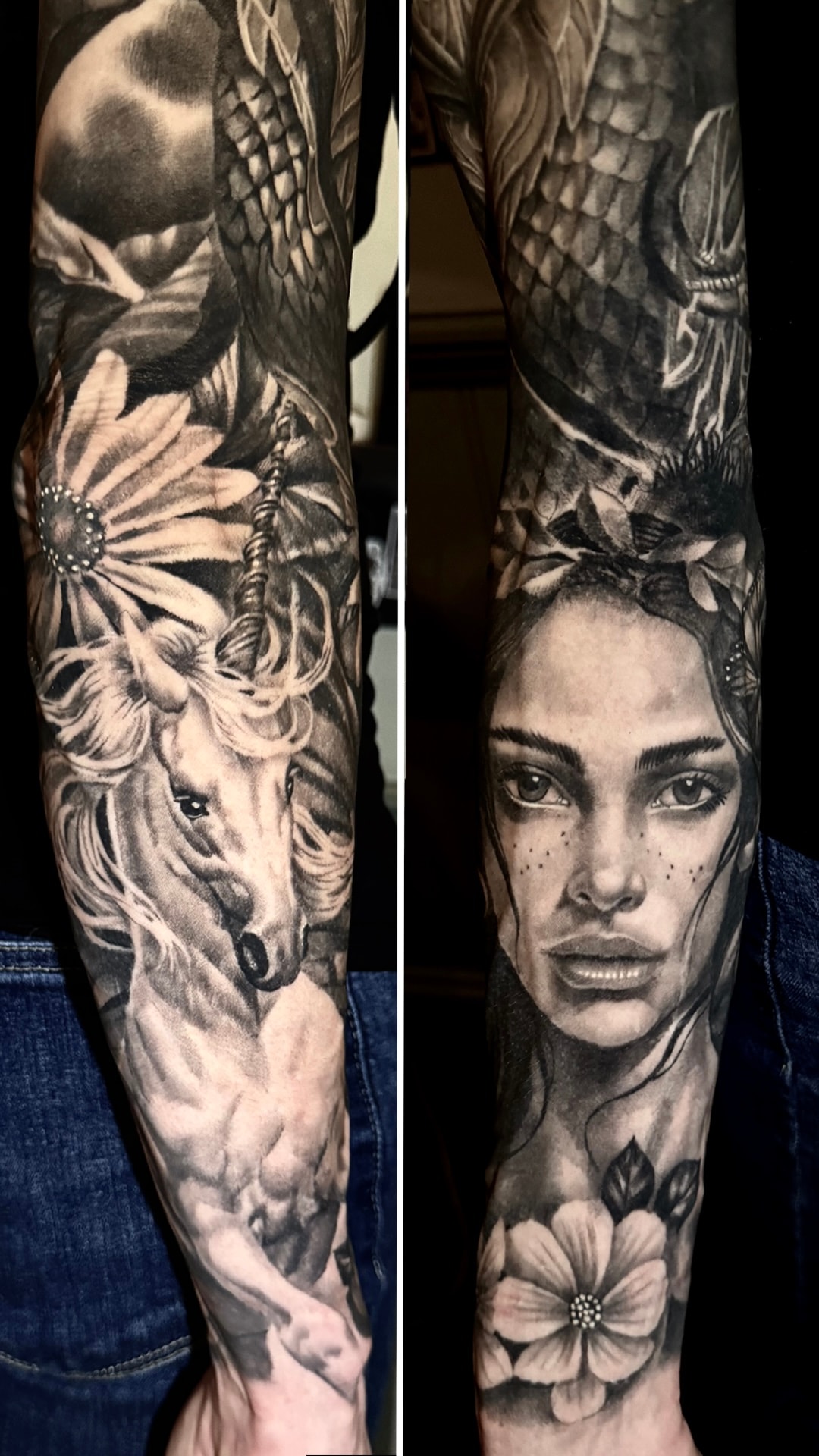 Detailed black and white arm sleeve tattoo by Steve Young