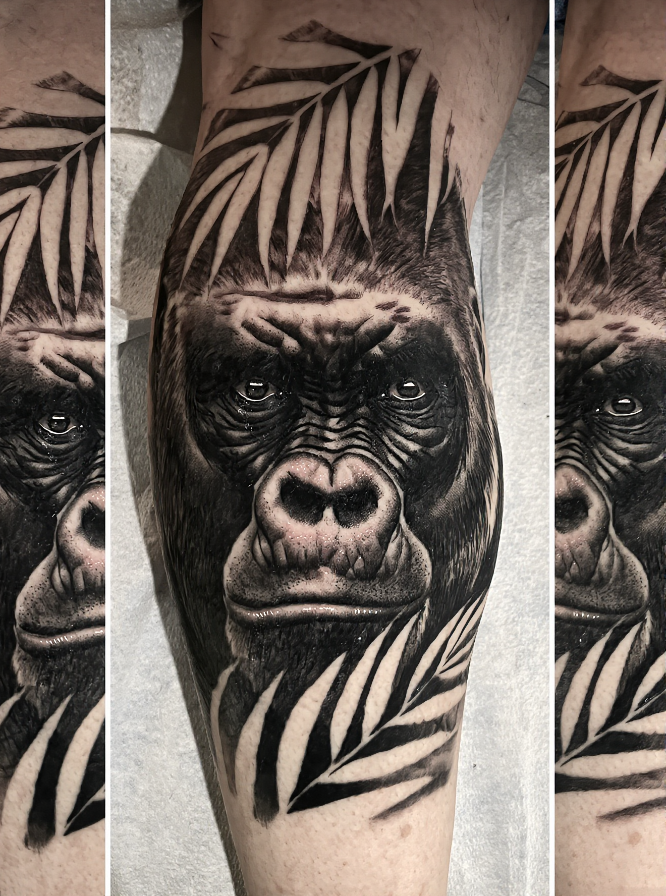 Gorilla head tattoo with palm leaves by Steve Young